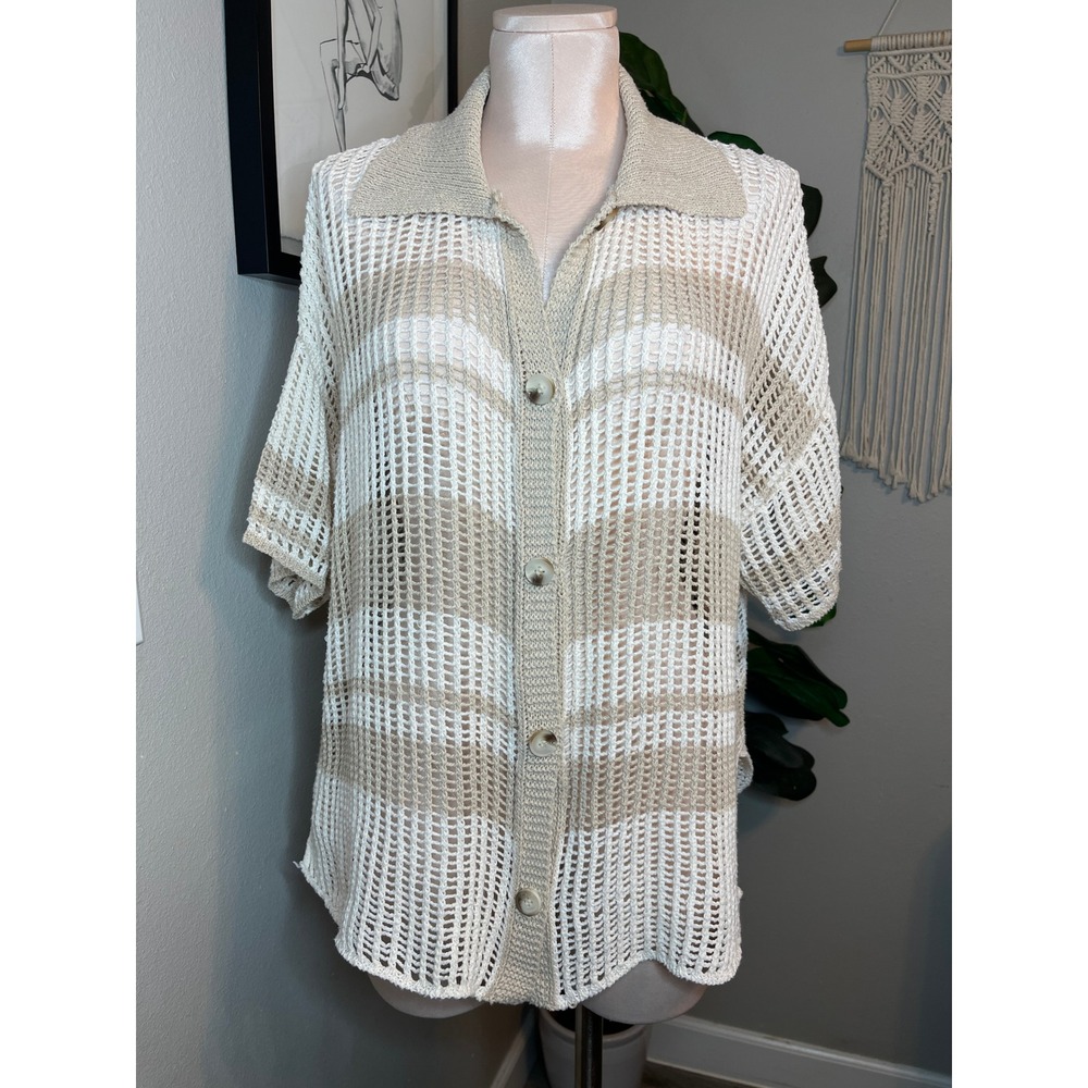 Le Lis Open Knit Cardigan Beige Striped Button Front Collar Short Sleeve XS